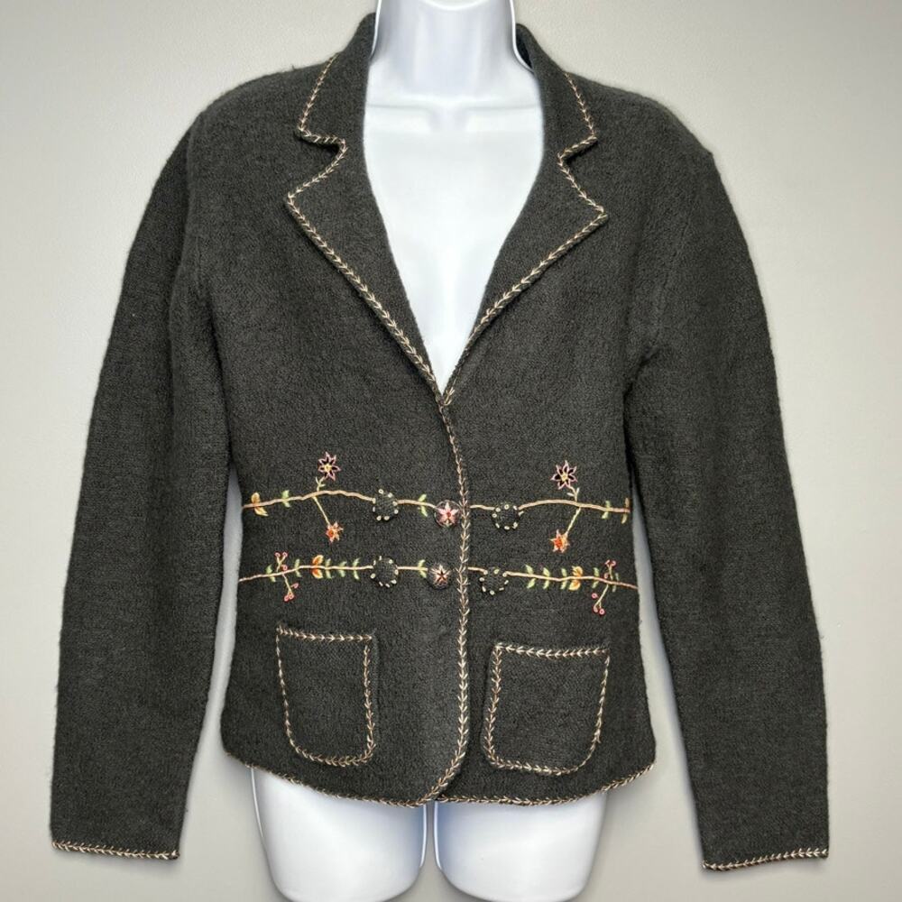 Lucidity 100% Wool Hand Embroidered Floral Cottagecore Grandmacore Blazer Sz L‎